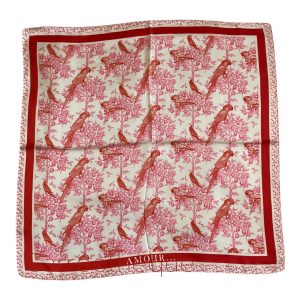Foulard carré 70cm bandana satin soyeux motif agrumes citrons et perroquets toucher soie rouge blanc