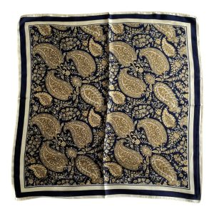 Carré satin soyeux foulard 70 cachemire marine et marron effet soie