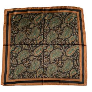 Carré satin soyeux foulard 70 cachemire noir vert et marron effet soie