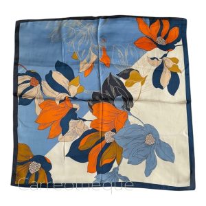 Foulard carré bandana 70cm satin soyeux effet soie grandes fleurs bleu orange