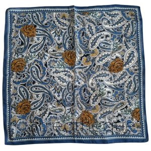 Foulard carré 70x70cm tweed toucher cachemire doux et confortable fleurs paisley bleu jaune moutarde