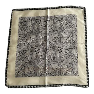 Foulard 70x70cm carré satin toucher soie tour du cou sac ou cheveux motif végétal blanc noir