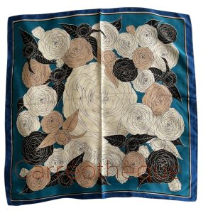 Foulard 70x70cm carré satin toucher soie fleurs pivoines camélias élégan