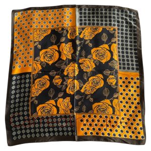 Foulard 70x70cm carré satin toucher soie fleurs orange et pois
