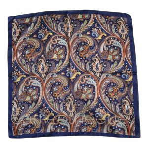 Foulard carré bandana satin motif cachemire marine multicolore effet soie