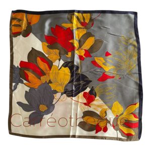 Foulard 70x70cm carré satin toucher soie grandes fleurs orange rouge kaki jaune